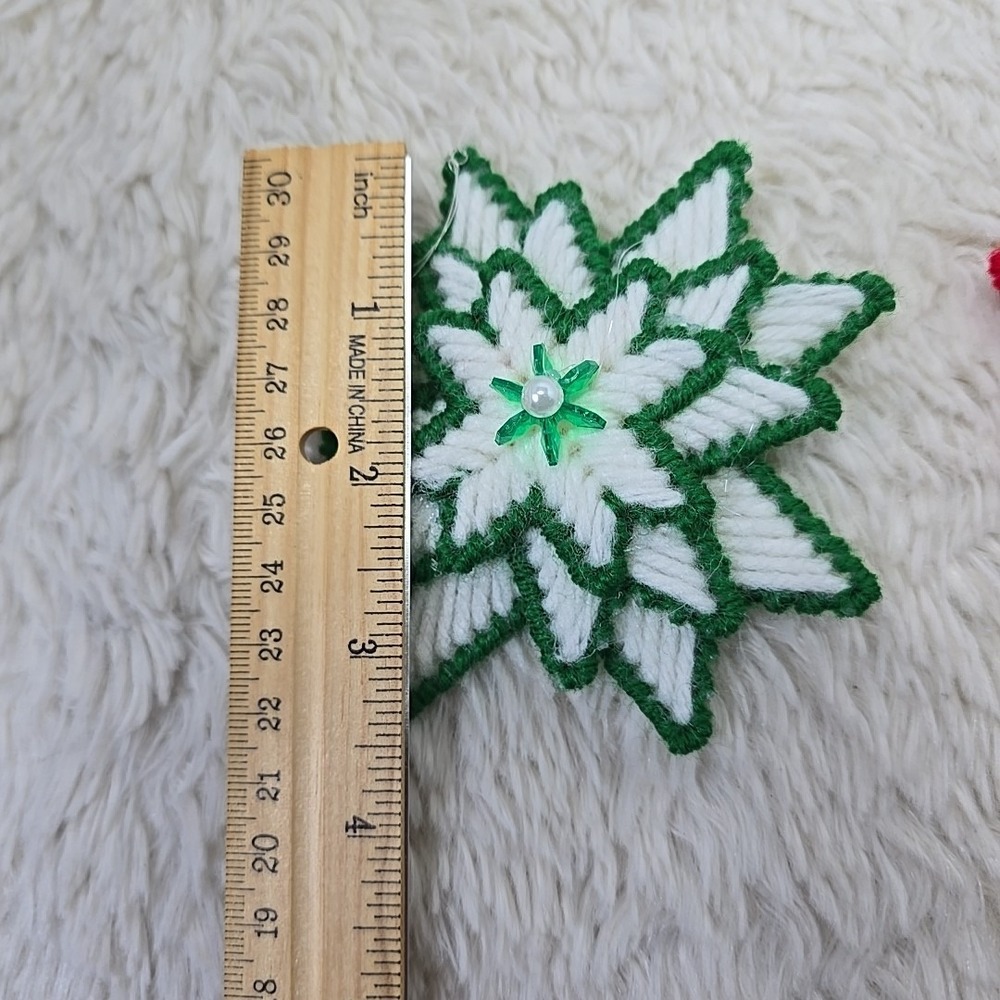 Vintage Handmade Needlepoint Star Christmas Ornament (2) Needlecraft Red & Green - Picture 6 of 6